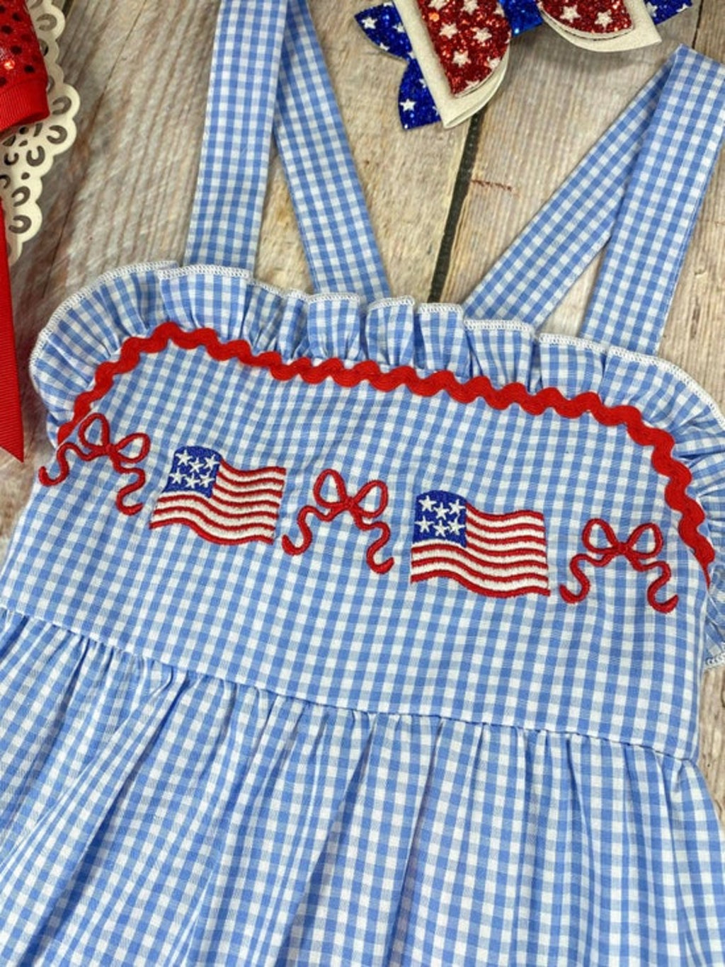 Blue Gingham American Flag Tiered Dress | Girls Patriotic Ruffle Dress