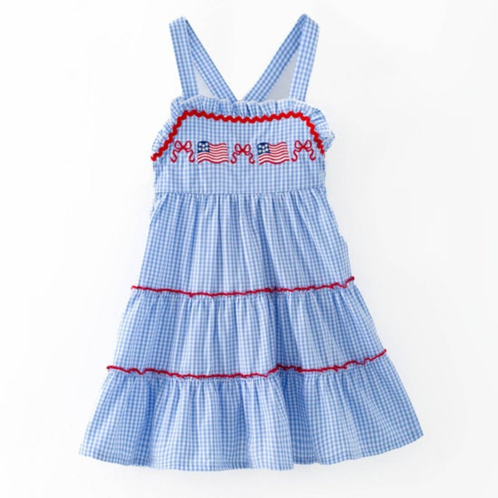 Blue Gingham American Flag Tiered Dress | Girls Patriotic Ruffle Dress