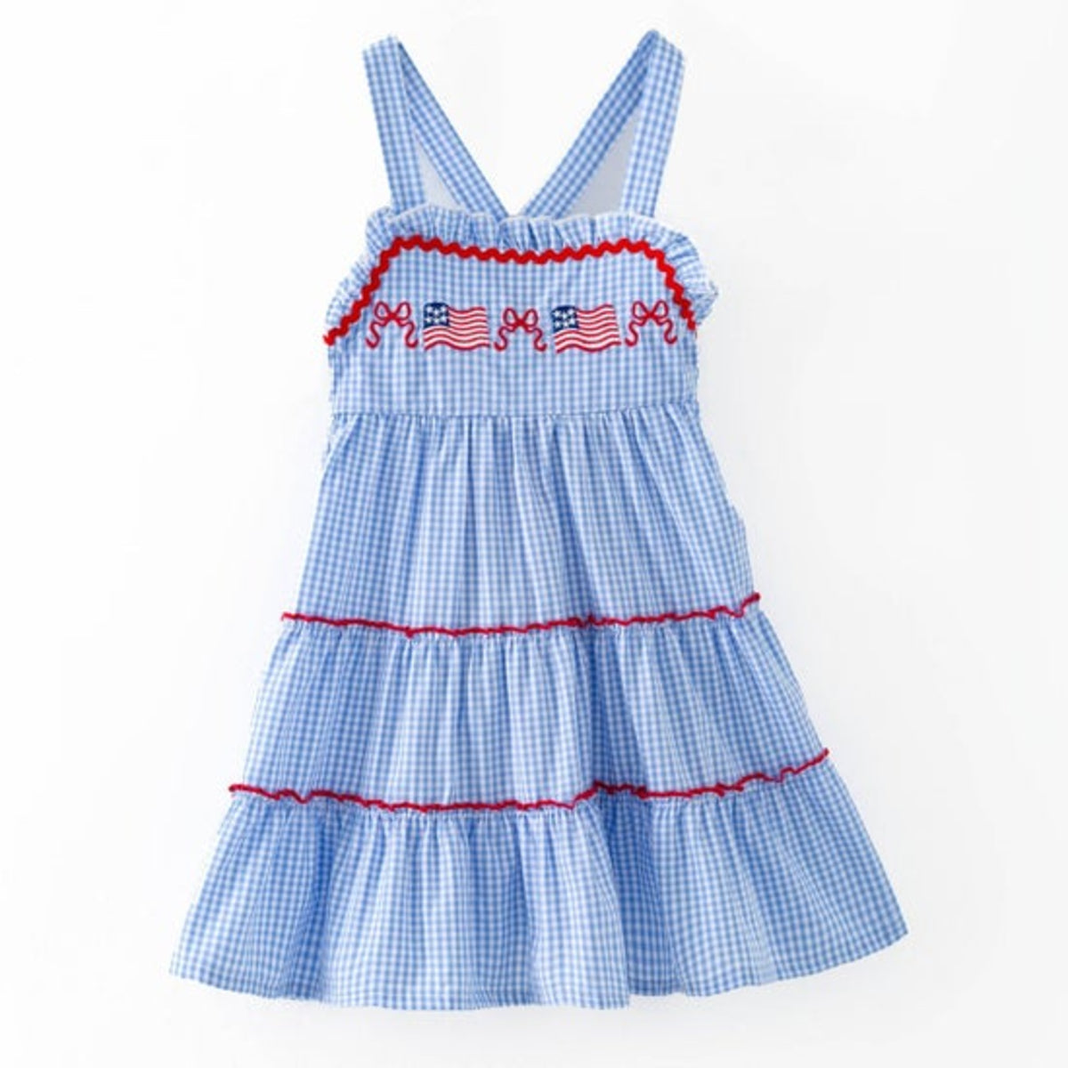Blue Gingham American Flag Tiered Dress | Girls Patriotic Ruffle Dress