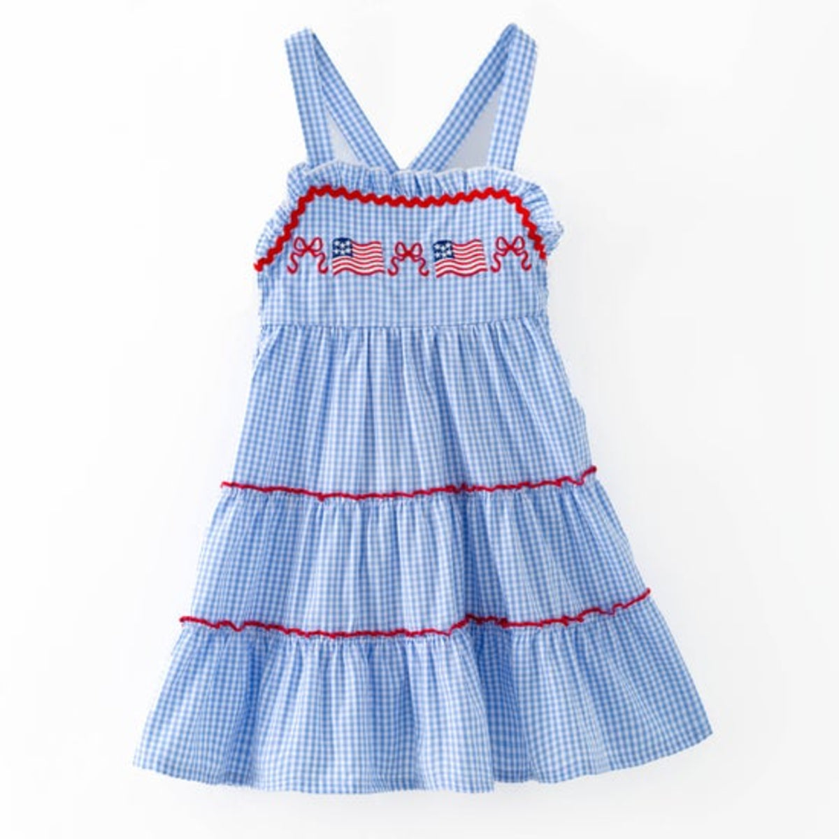 Blue Gingham American Flag Tiered Dress | Girls Patriotic Ruffle Dress