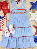 Blue Gingham American Flag Tiered Dress | Girls Patriotic Ruffle Dress