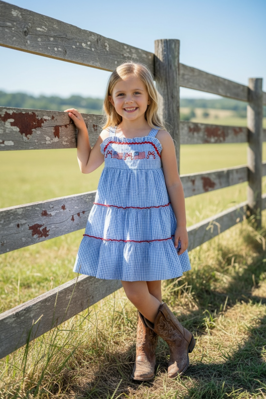 Blue gingham patriotic tiered dress