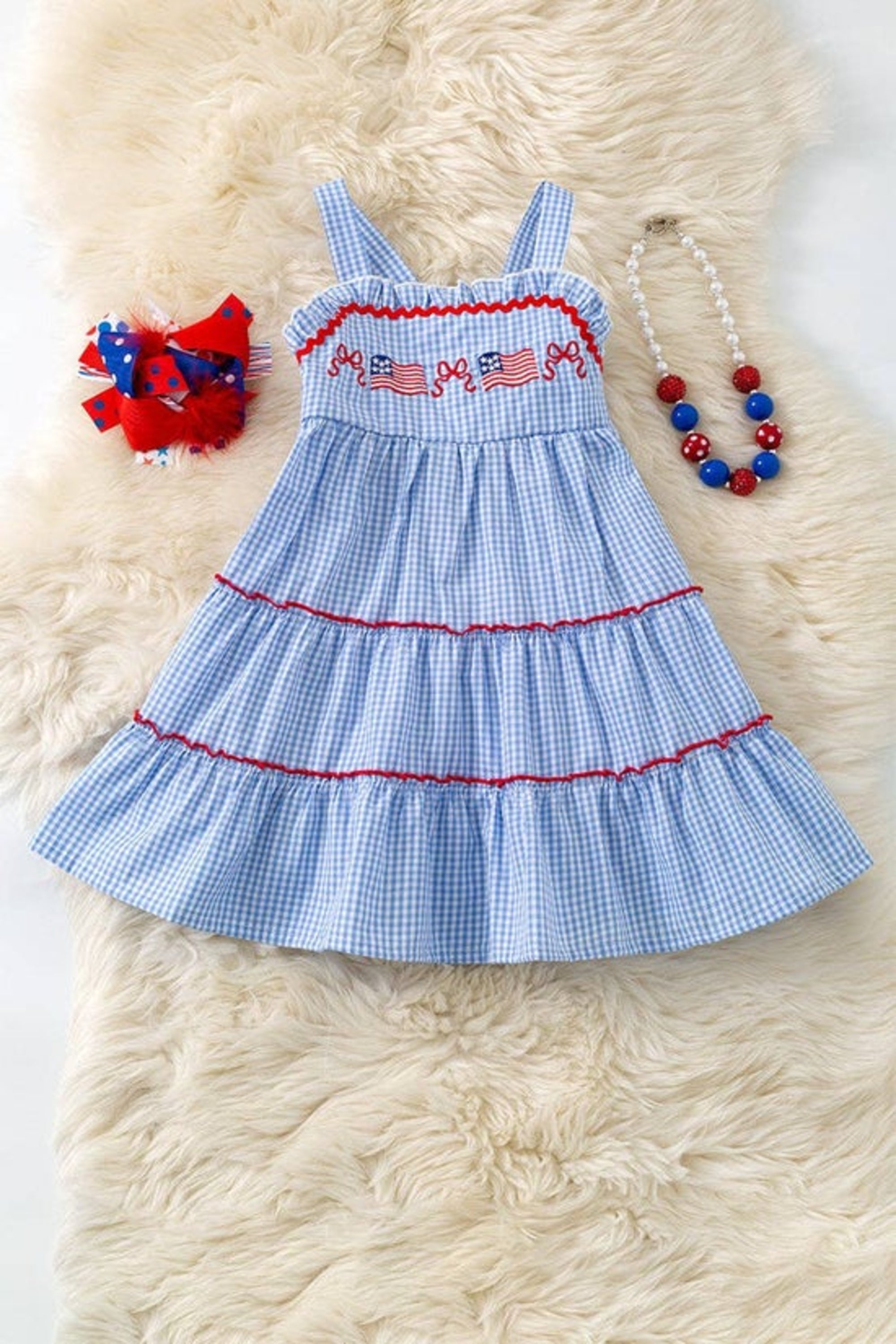 Blue gingham patriotic tiered dress