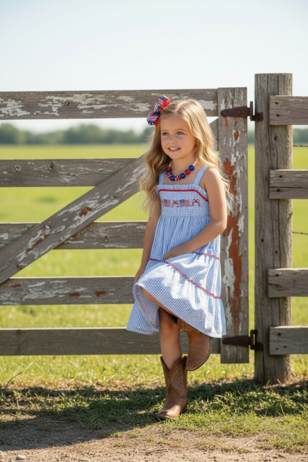 Blue gingham patriotic tiered dress