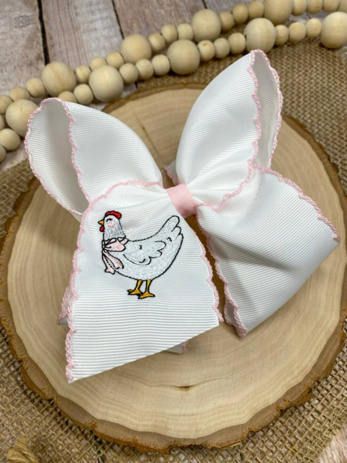 Chicken Embroidered Moonstitch Hair Bow | Clip