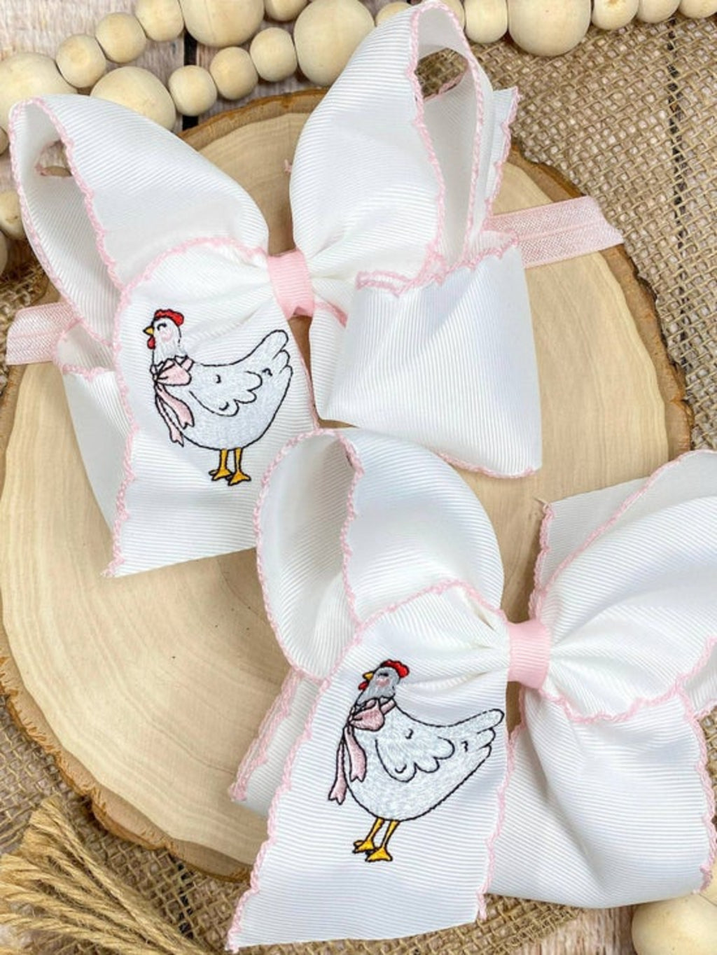 Chicken Embroidered Moonstitch Hair Bow | Clip