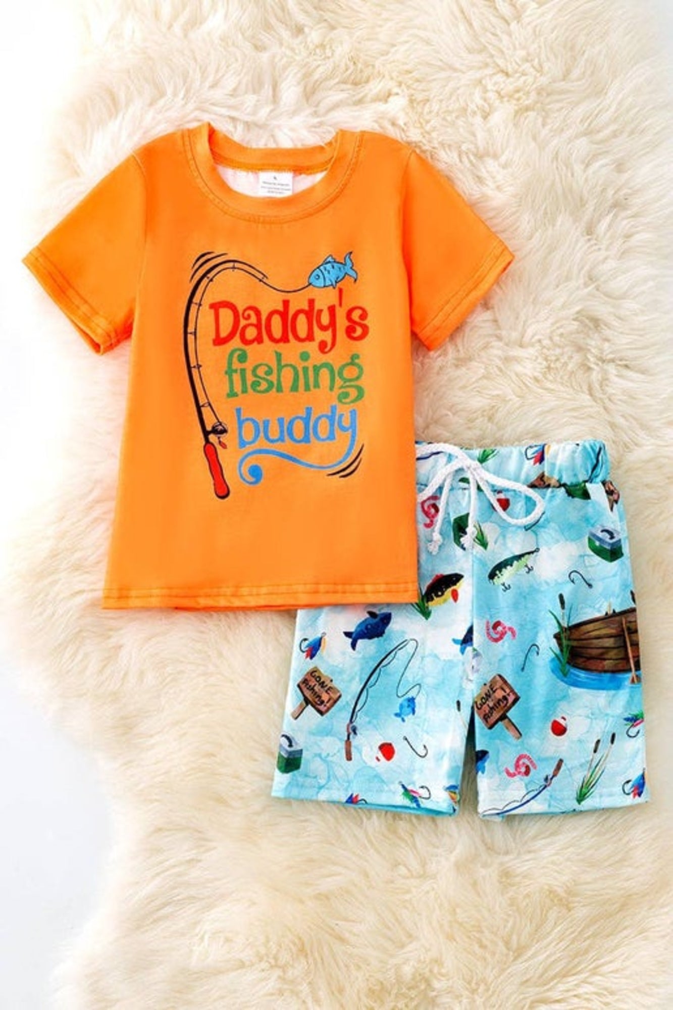 "Daddy's Fishing buddy" Orange tee & fish printed shorts