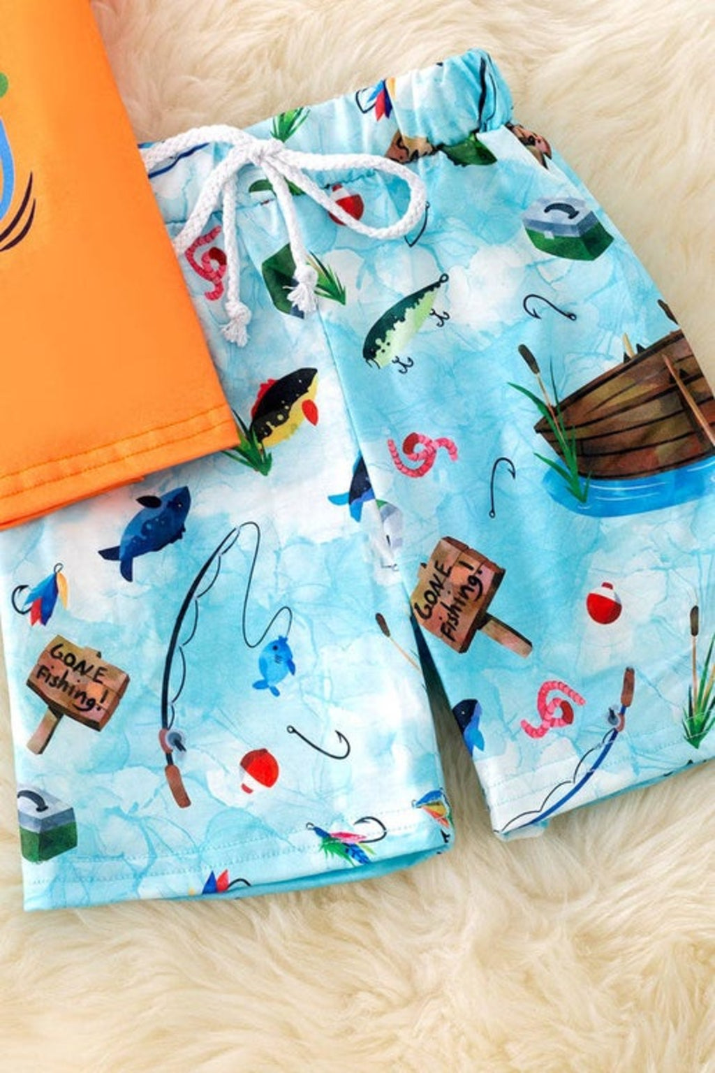 "Daddy's Fishing buddy" Orange tee & fish printed shorts