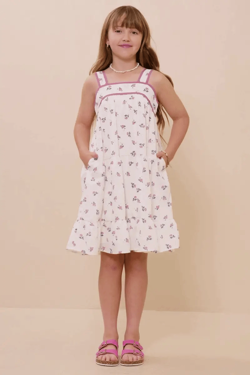 Girls Contrast Piped Ditsy Floral Tank Dress