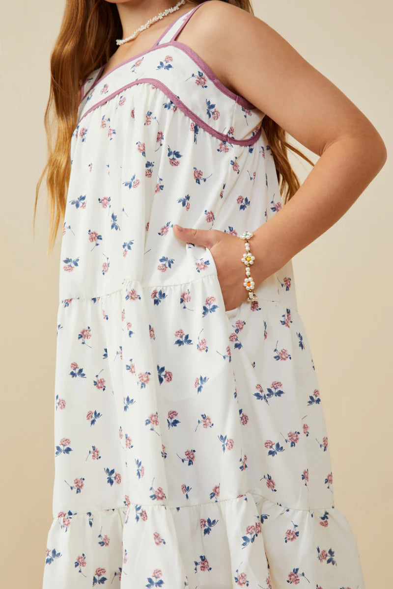 Girls Contrast Piped Ditsy Floral Tank Dress