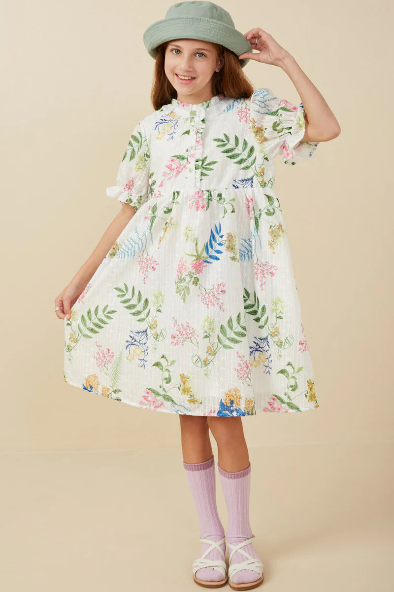 Girls Embroidered Textured Botanical Buttoned Dress