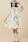 Girls Embroidered Textured Botanical Buttoned Dress