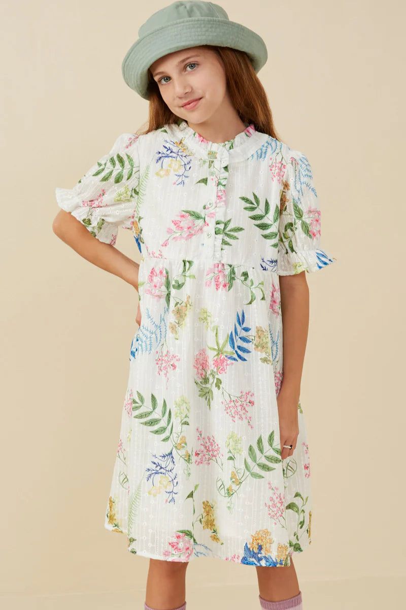 Girls Embroidered Textured Botanical Buttoned Dress