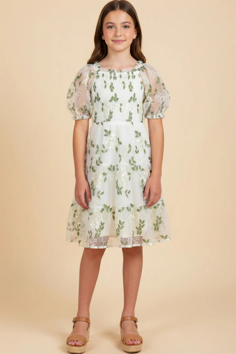Girls Floral Embroidered Organza Smocked Dress