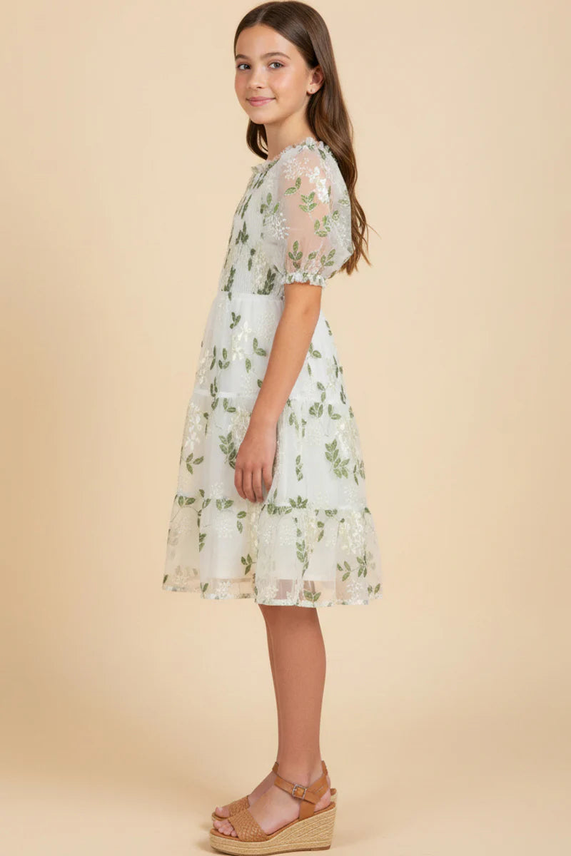 Girls Floral Embroidered Organza Smocked Dress