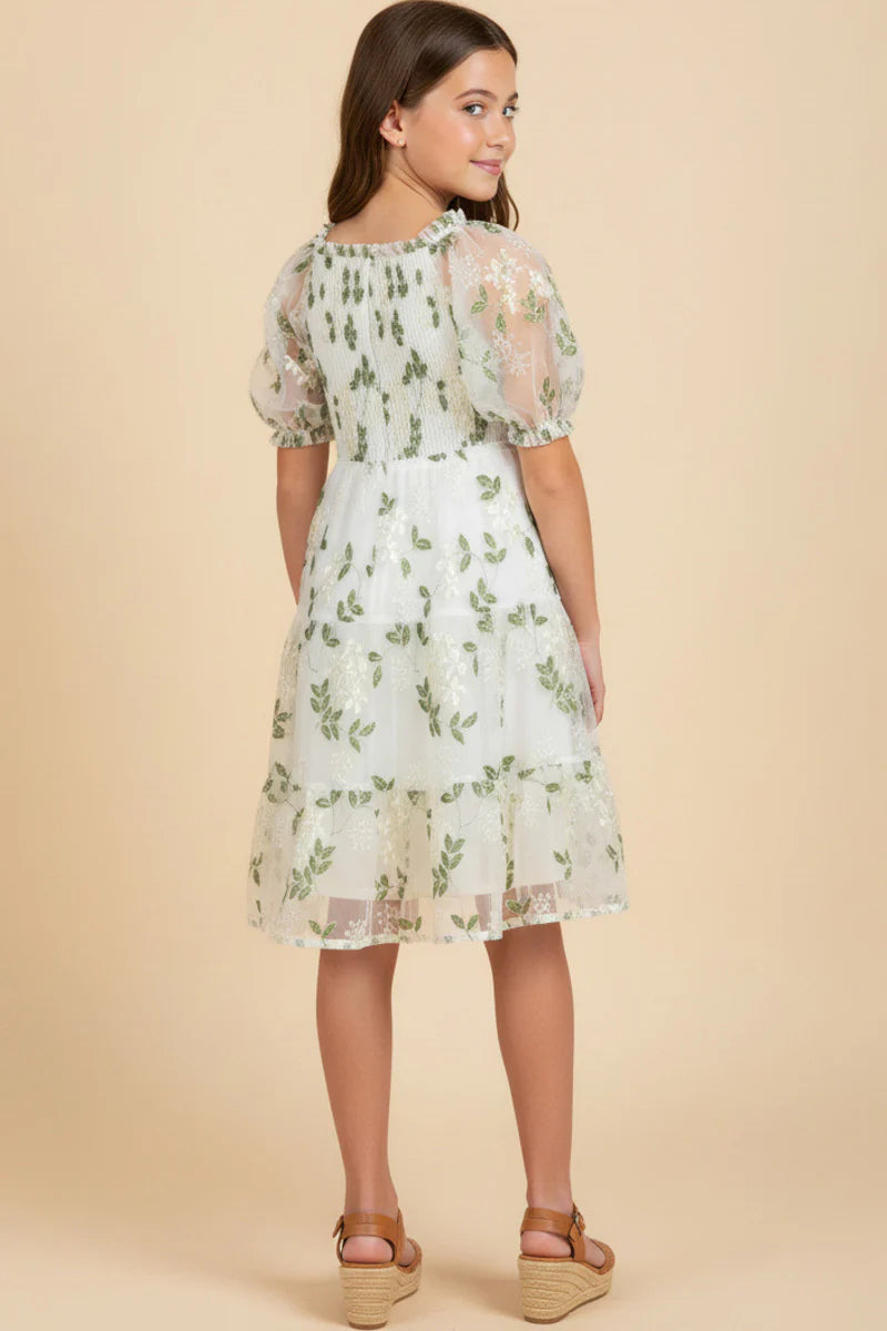 Girls Floral Embroidered Organza Smocked Dress