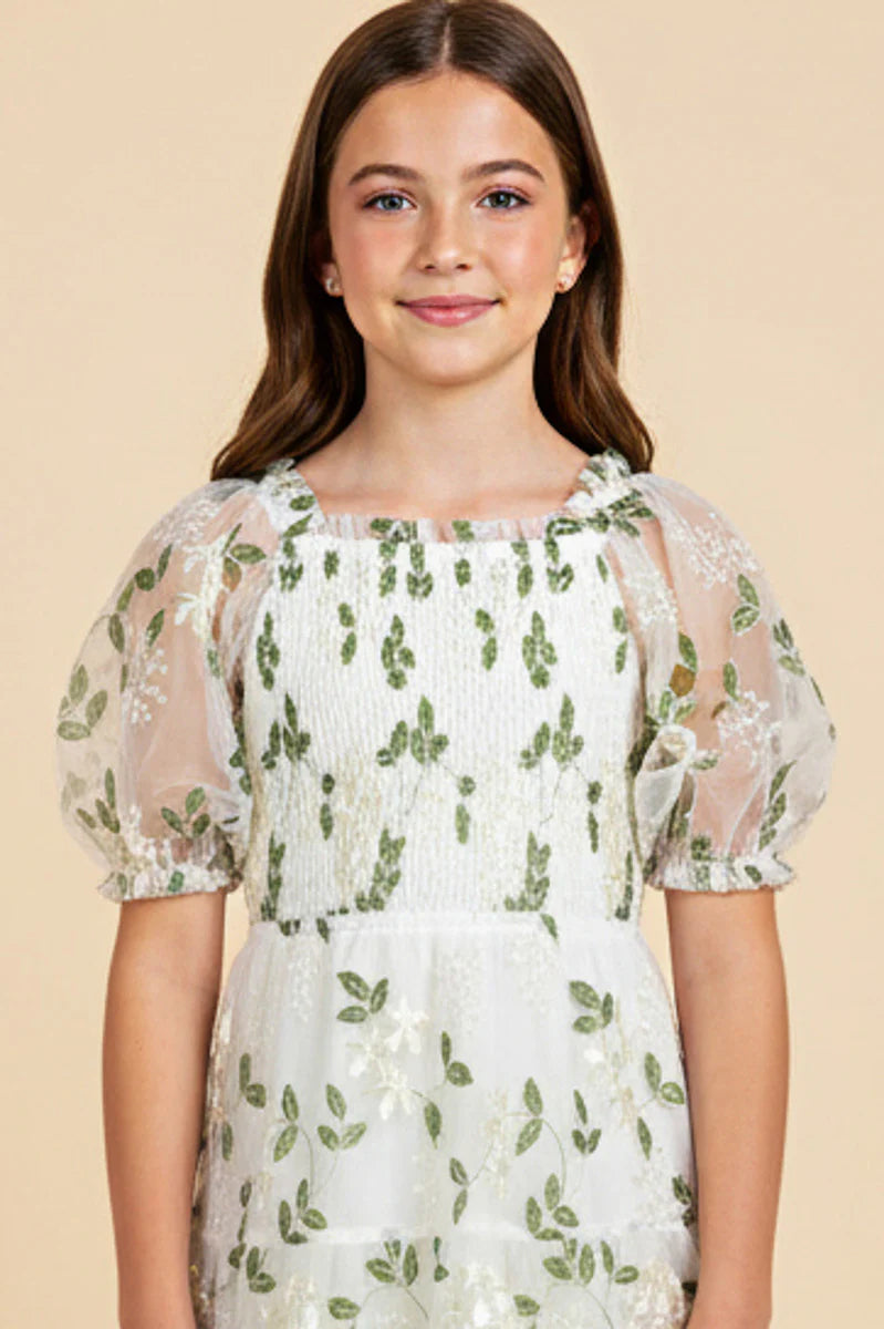 Girls Floral Embroidered Organza Smocked Dress
