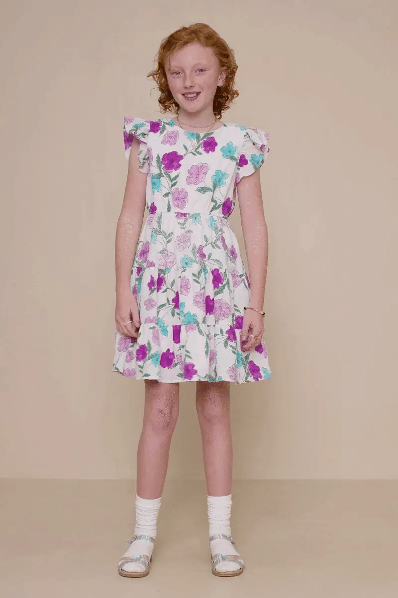 Girls Floral Print Ruffle Sleeve Textured Dress