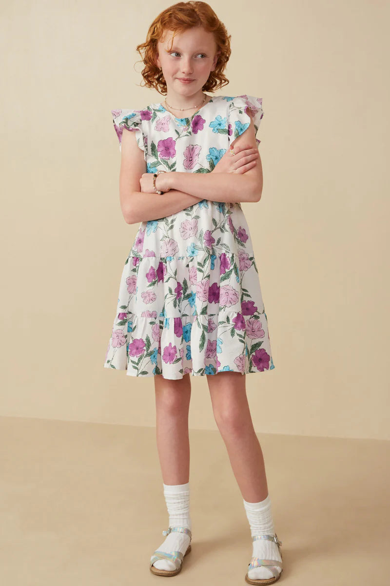 Girls Floral Print Ruffle Sleeve Textured Dress
