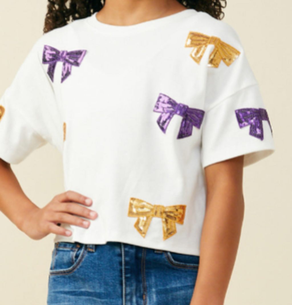 Girls Gameday Team Color Sequin Bow Patched T-Shirt - Purple