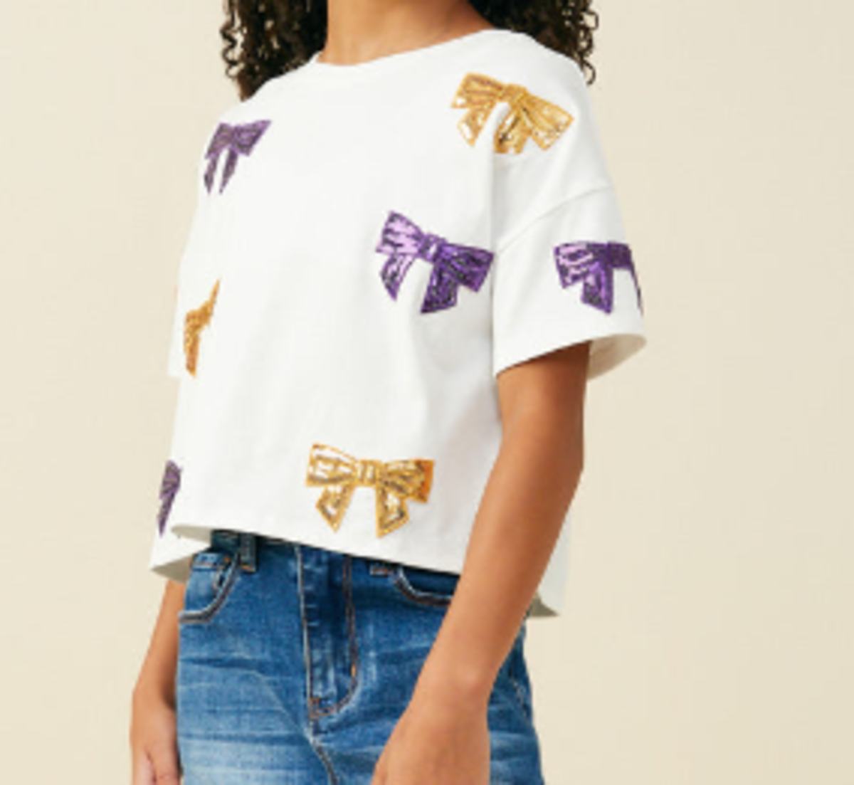 Girls Gameday Team Color Sequin Bow Patched T-Shirt - Purple