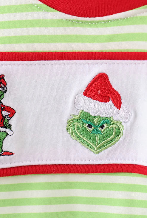 Green Christmas grinch embroidery stripe romper
