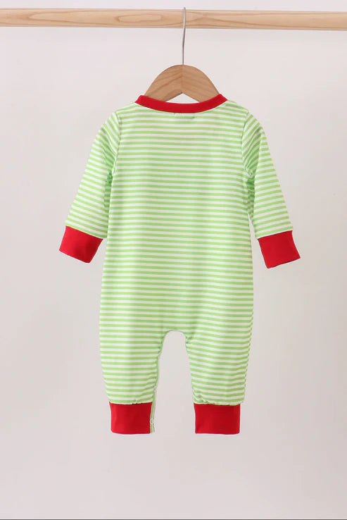 Green Christmas grinch embroidery stripe romper