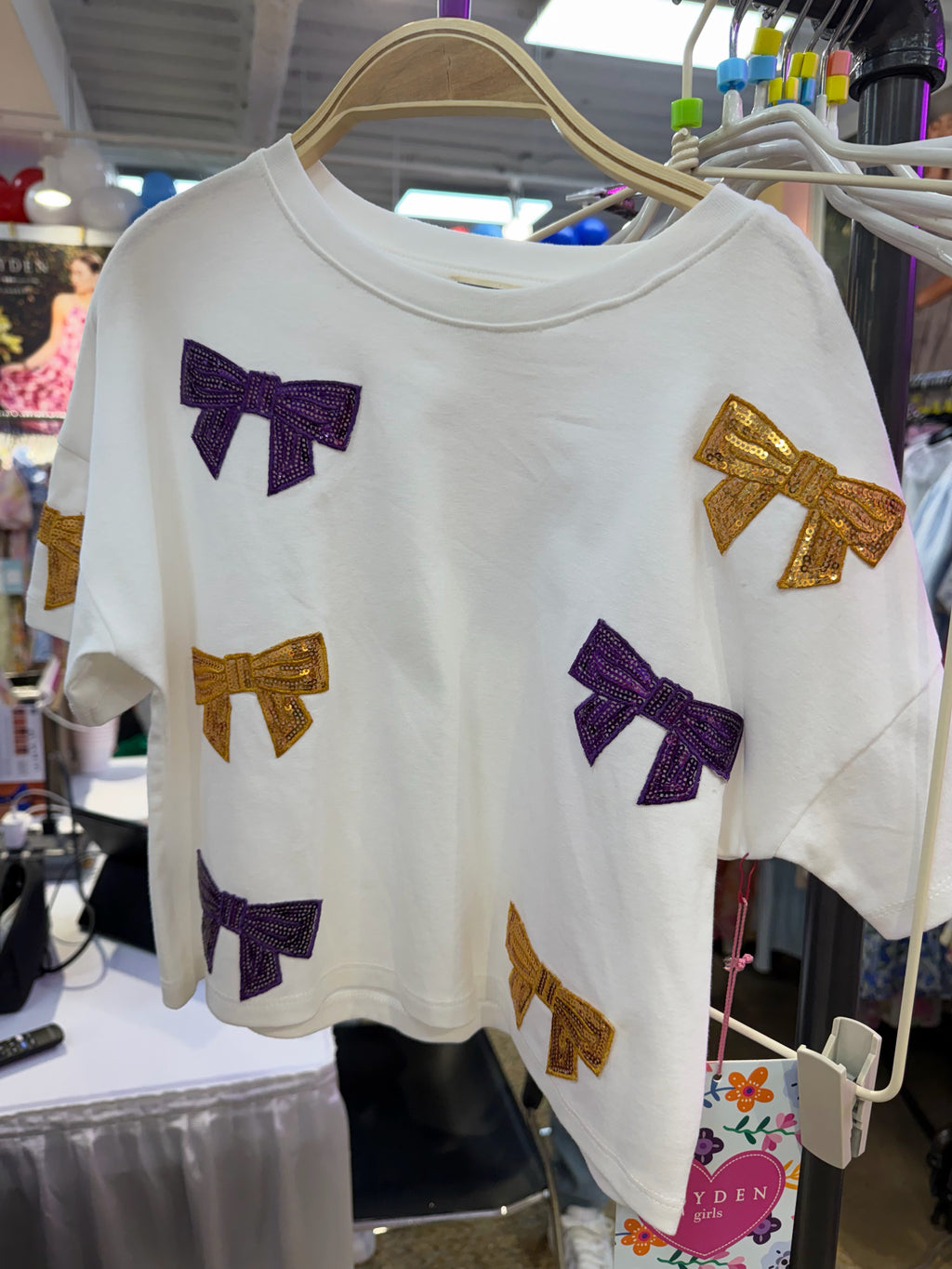 Girls Gameday Team Color Sequin Bow Patched T-Shirt - Purple