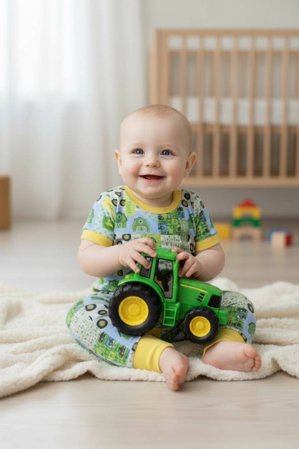 Little man" Tractor printed boys baby romper w/yellow trim.