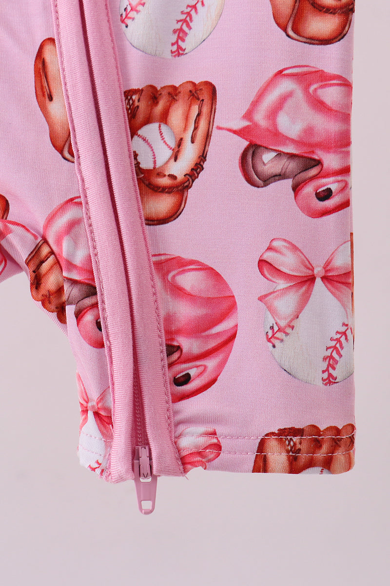 Pink bow baseball bamboo romper