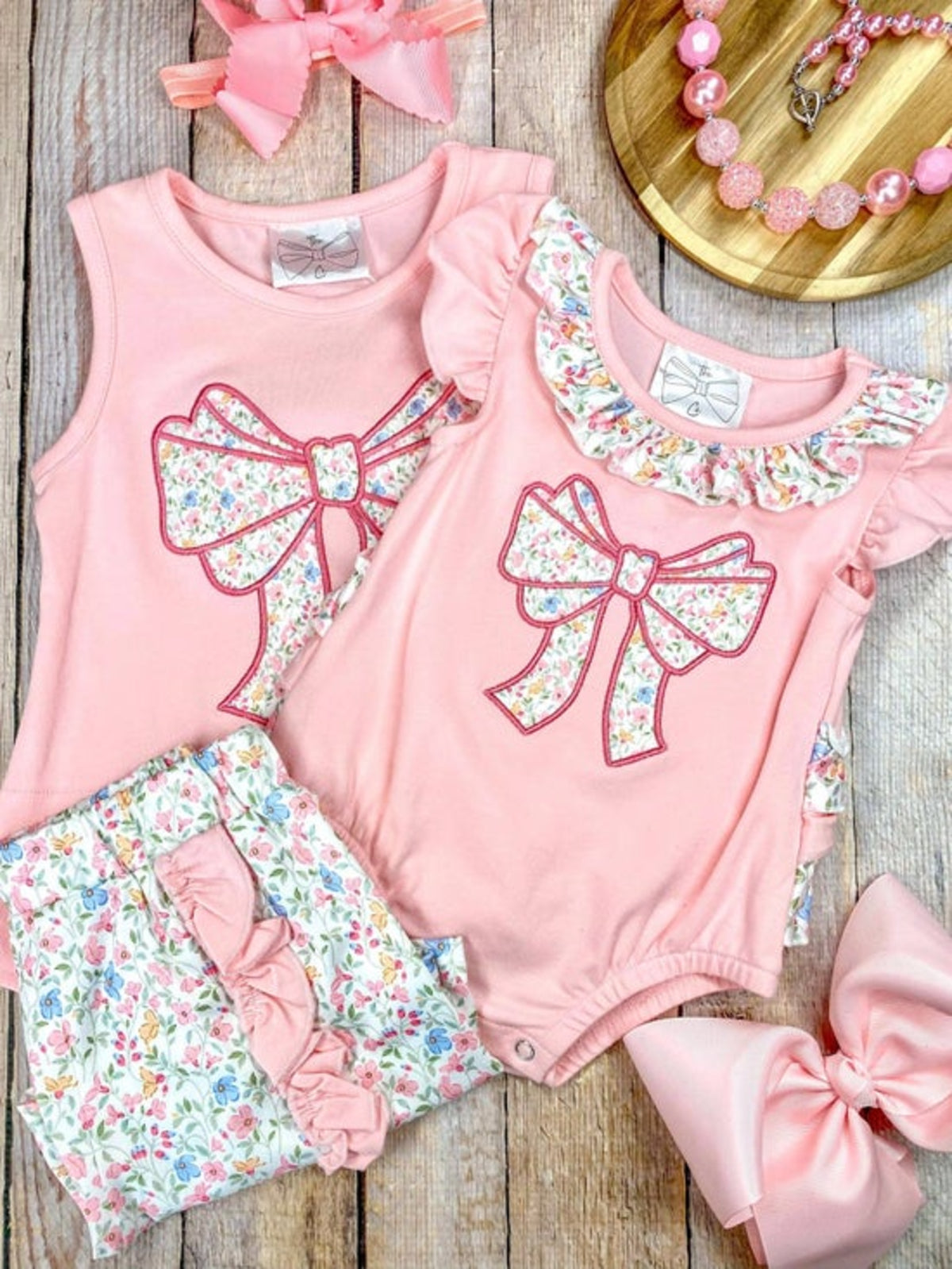 Pink Floral Bow Applique Shorts Set | Girls Ruffle Summer Outfit