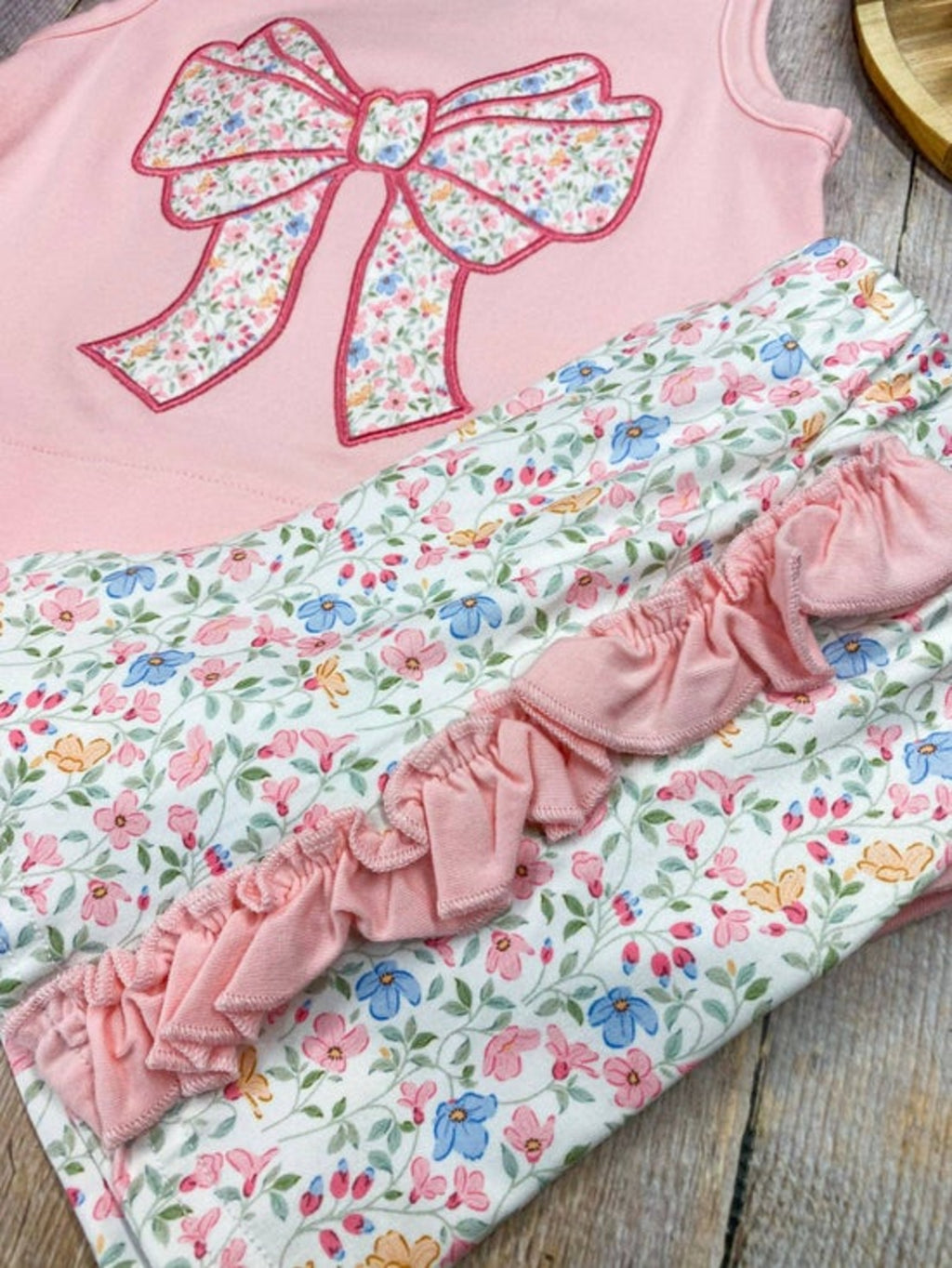 Pink Floral Bow Applique Shorts Set | Girls Ruffle Summer Outfit