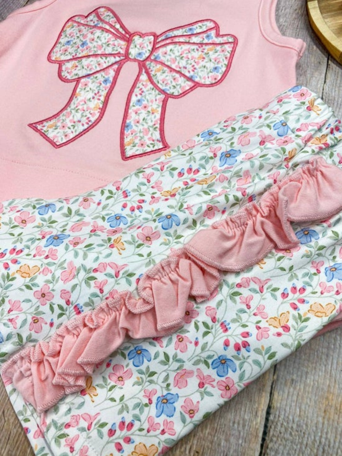 Pink Floral Bow Applique Shorts Set | Girls Ruffle Summer Outfit