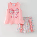 Pink Floral Bow Applique Shorts Set | Girls Ruffle Summer Outfit