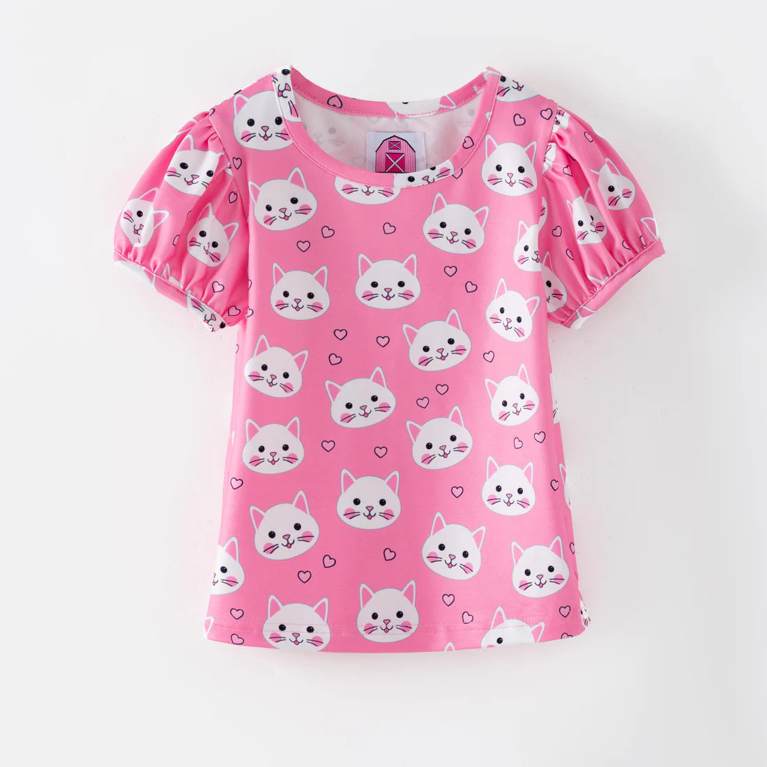 Puff Sleeve Top Pink Kittens