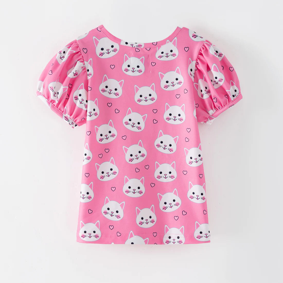 Puff Sleeve Top Pink Kittens