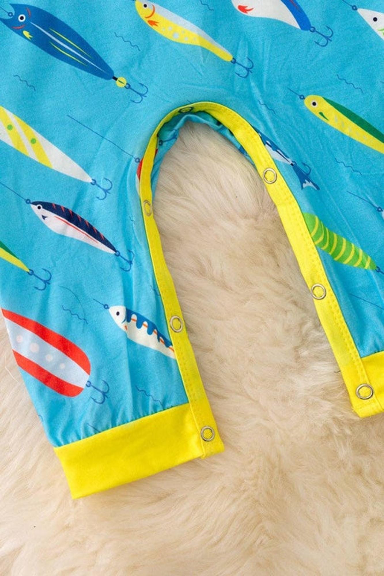 Turquoise fishing printed bodysuit with snaps