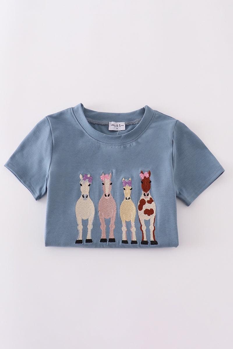 Blue farm horses embroidery shorts set