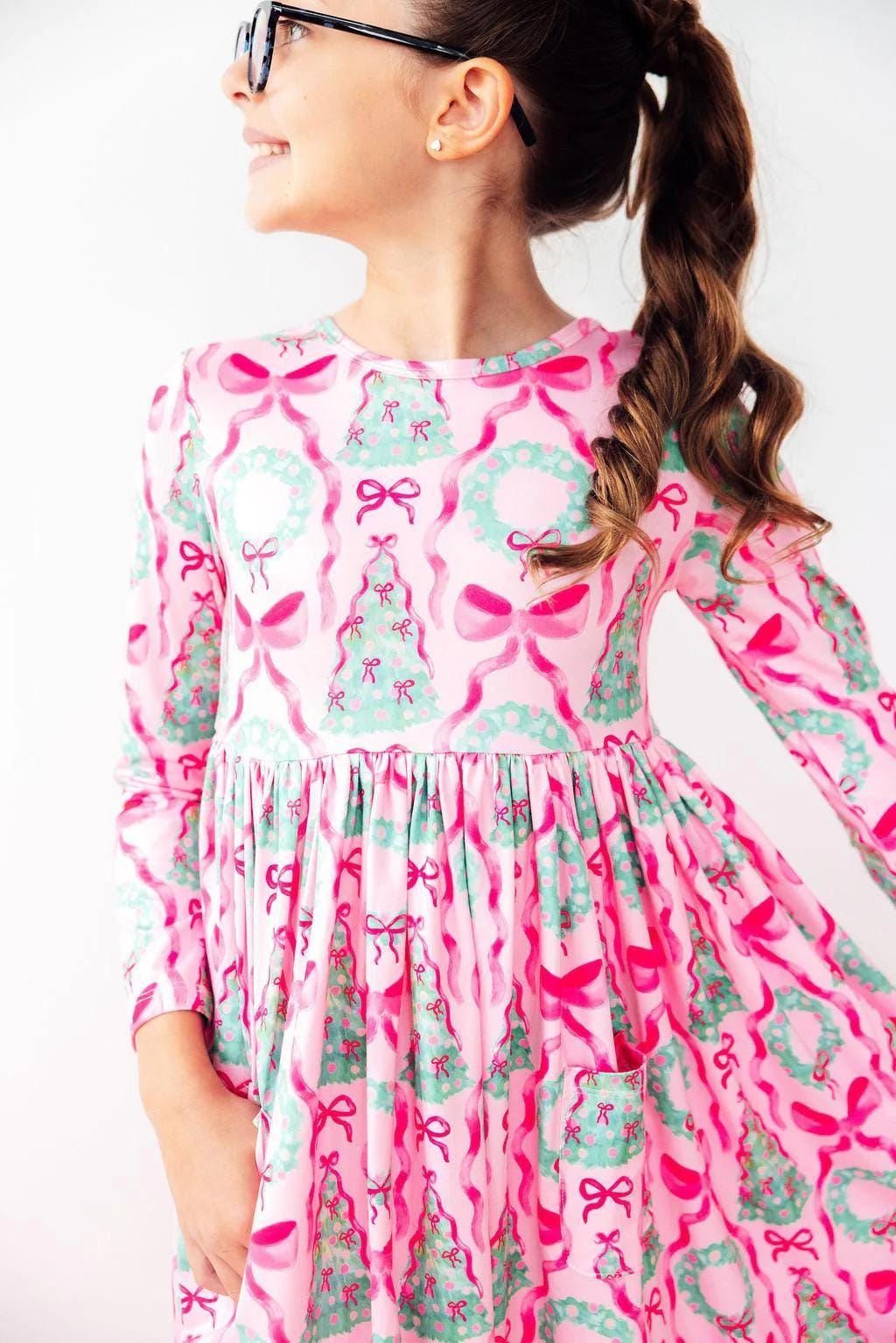 Jingle Bows Long Sleeve Pocket Twirl Dress
