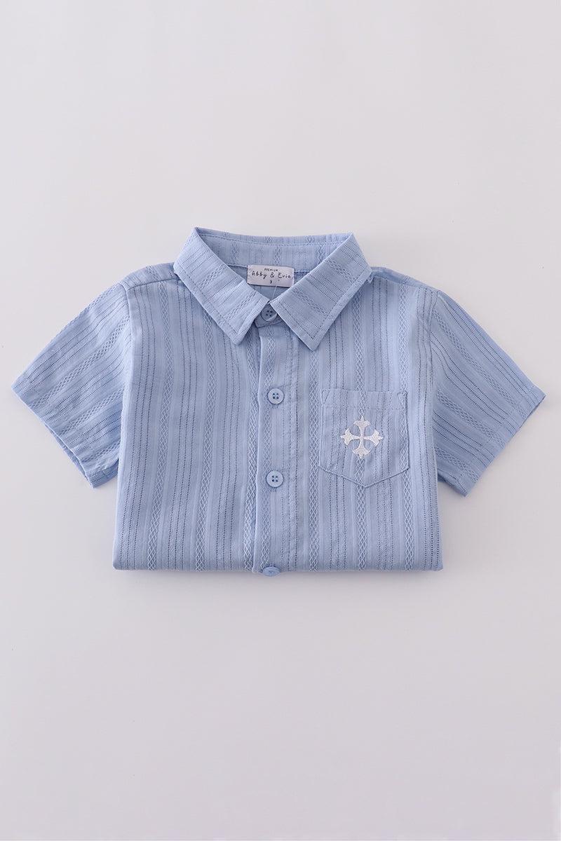 Blue cross embroidery button down shirt