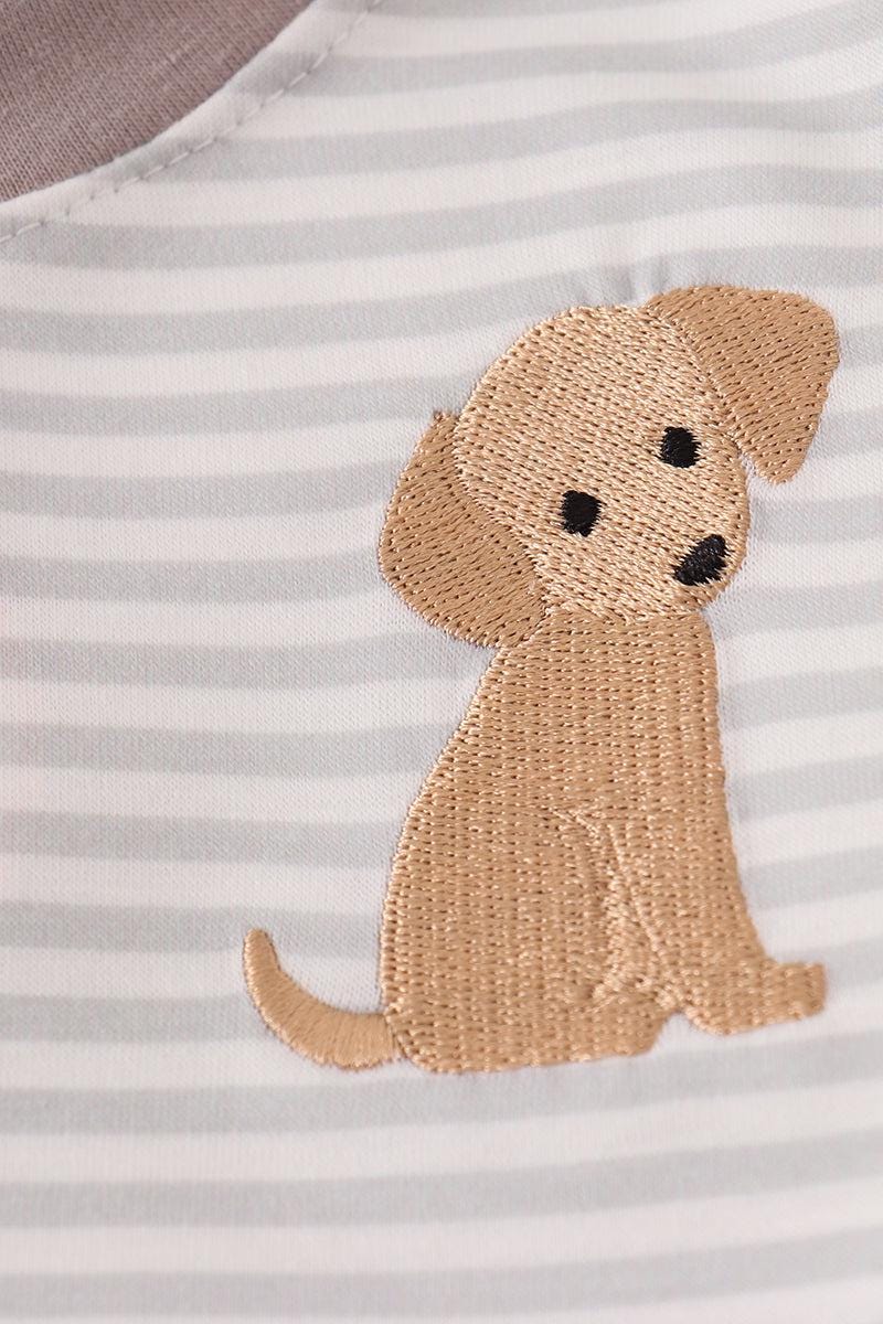 Grey puppy embroidery stripe top