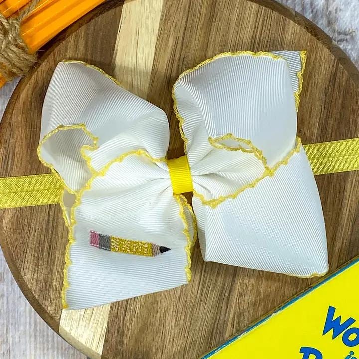 Back to School Embroidered Moonstitch Bow Headband