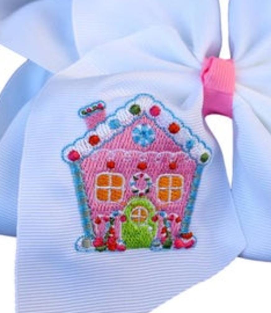 Pink Gingerbread House Embroidered Hair Bow