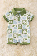 Multi-printed tropical green and blue checker boys baby romper