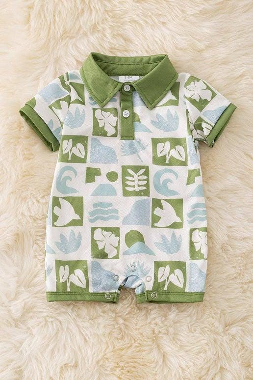 Multi-printed tropical green and blue checker boys baby romper