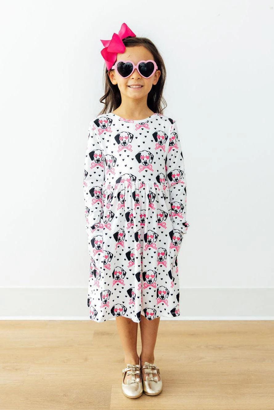 Love You Spots Long Sleeve Pocket Twirl Dress