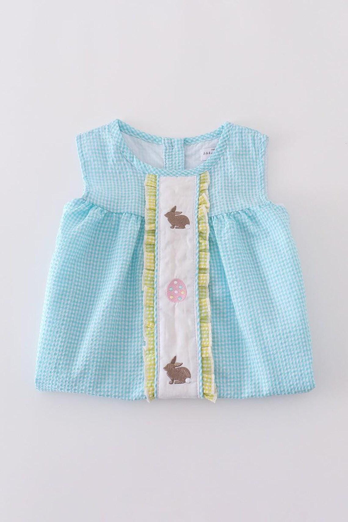 Mint bunny egg embroidery gingham dress