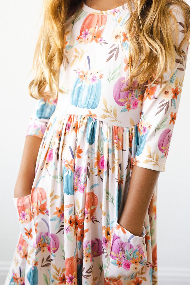 Harvest Bloom 3/4 Sleeve Pocket Twirl Dress