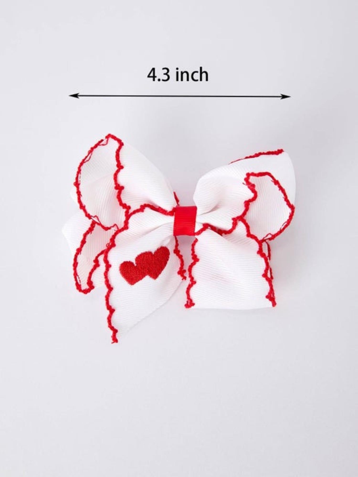 Valentine’s Hair Bow – White Ribbon with Red Heart Embroidery