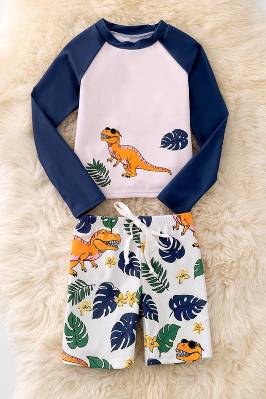 Dinosaur printed long sleeve swim set.